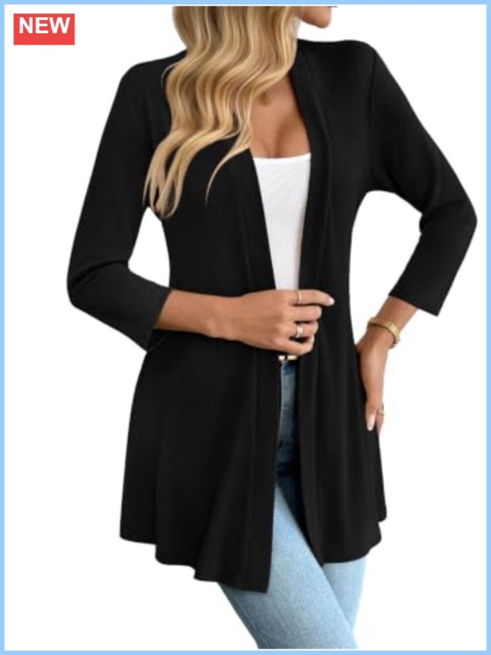 Open Front Cardigan 3/4 Sleeve Lightweight Flowy Skirt Hem Women's